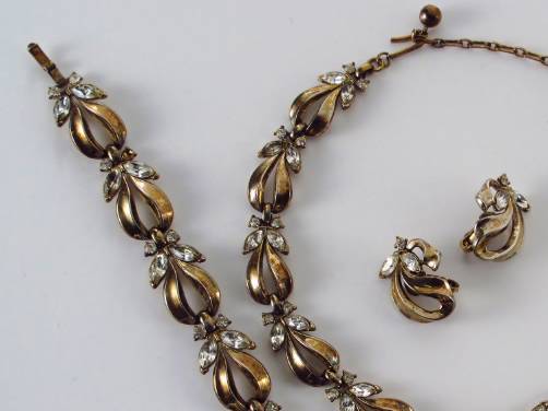 Trifari vintage gold plate & rhinestone necklace, bracelet & earrings by Alfred Phillipe 1950�s ca, America